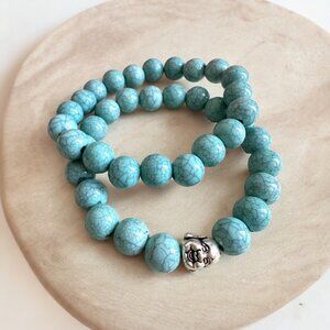 HANDMADE Faux Turquoise Silver Buddha Bracelet Set